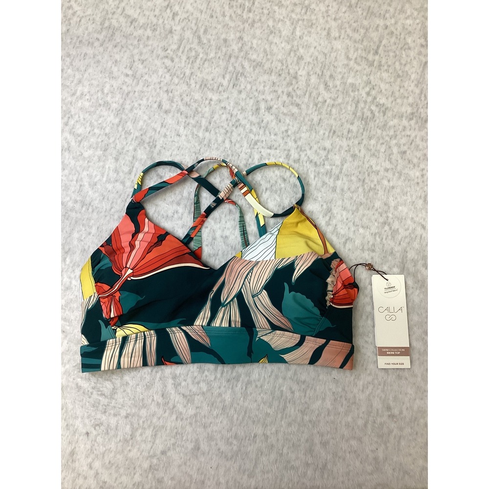 CALIA Strappy Back Ruched Bikini Top Botanical Print Sea Green Large WSA23223